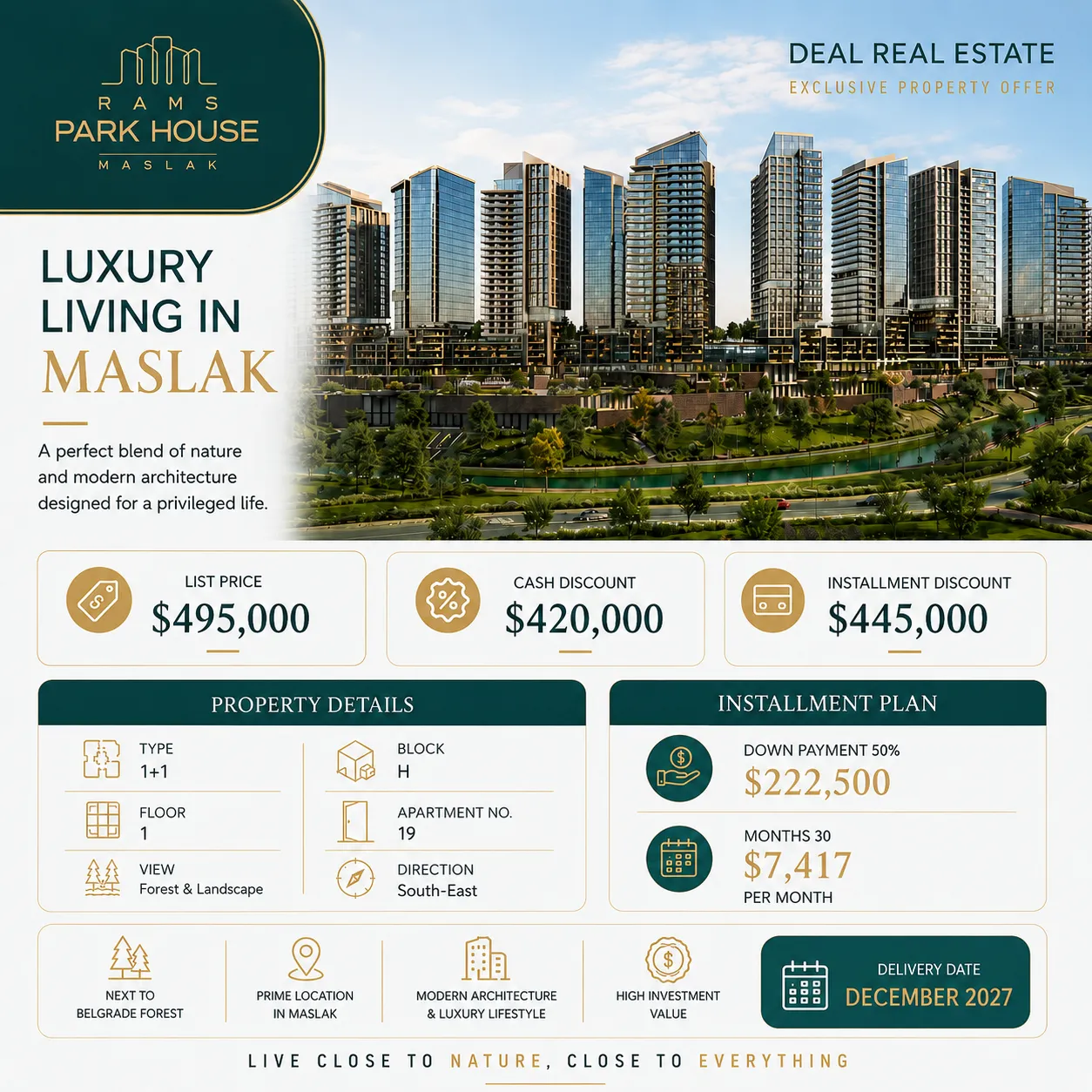 شقة 1+1 للبيع في مشروع RAMS Park House Maslak | من 420,000$